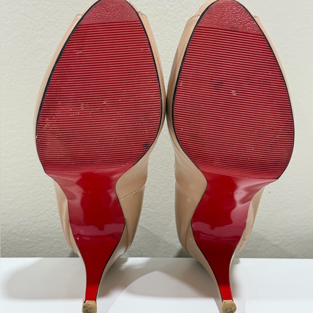 Beige Patent Leather Handmade Peep Toe Heel Platform Pumps Women Size 7.5 - Picture 7 of 14